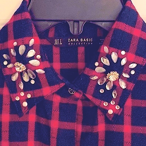 ❤️ Zara Plaid Rhinestone Dress Shirt Small - Picture 2 of 2